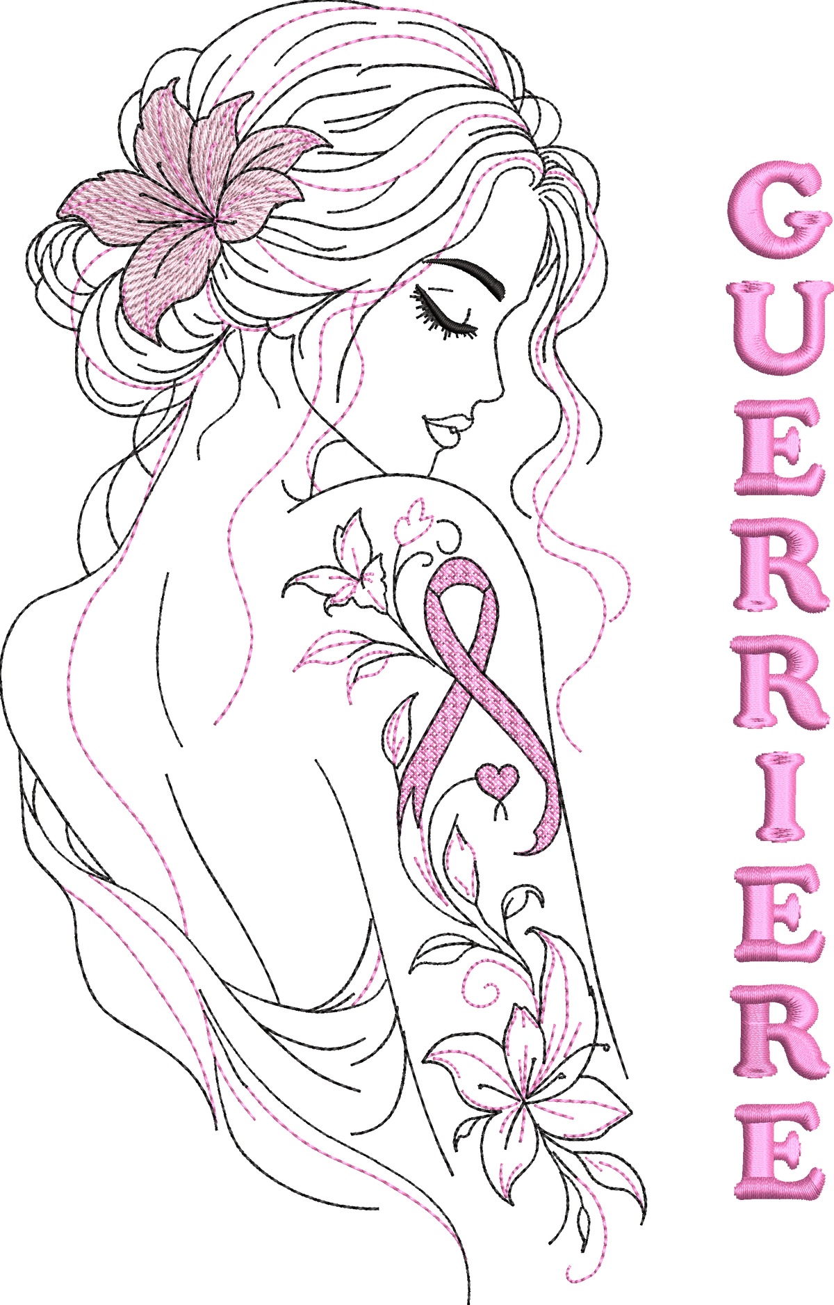 Guerrière Octobre Rose avec tatouage floral et ruban rose – motif de broderie machine disponible en 6 tailles
