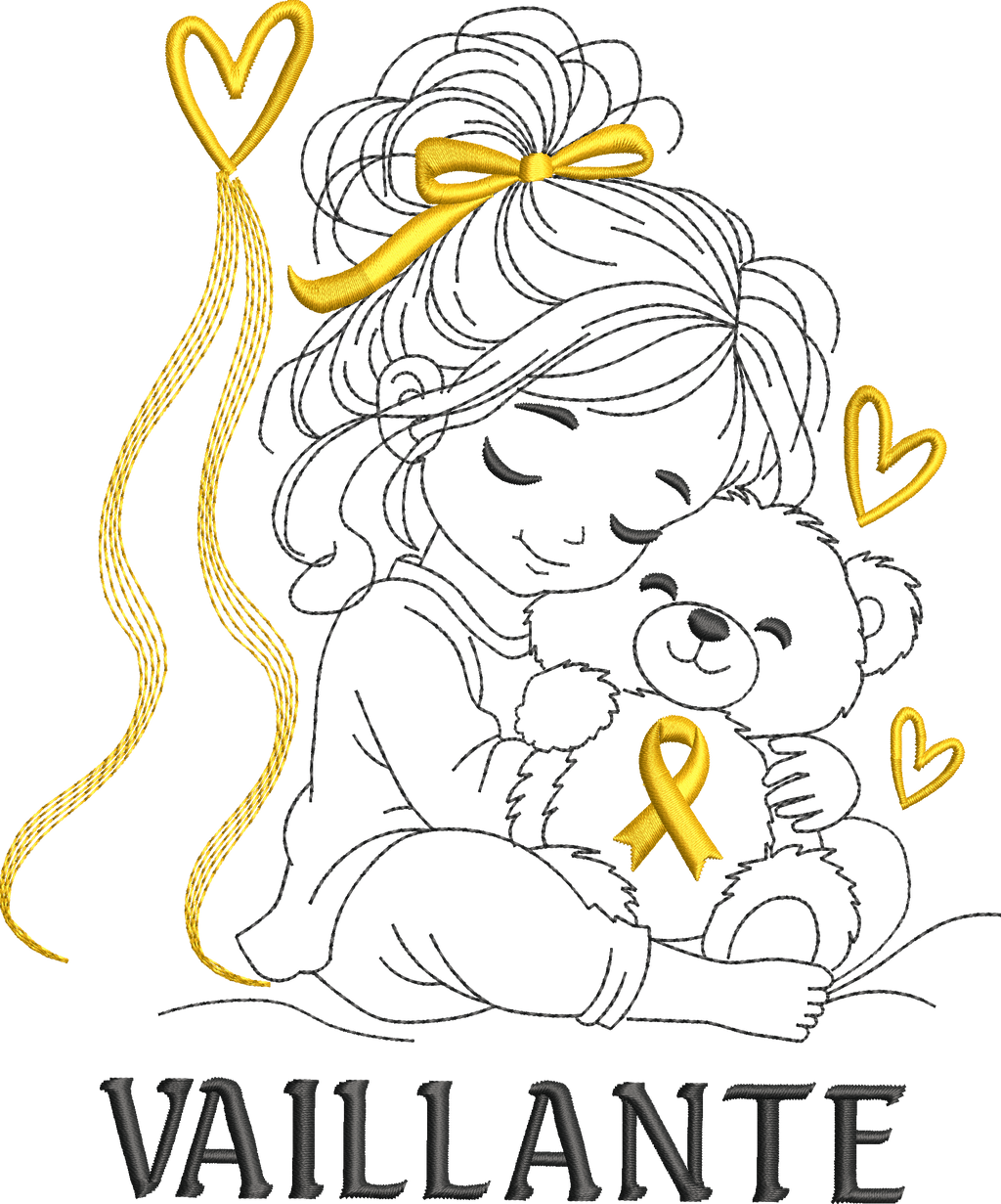 La Petite Vaillante, petite fille serrant un ourson avec ruban doré, cœurs et message VAILLANTE – motif broderie Septembre en Or