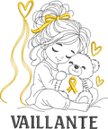 La Petite Vaillante, petite fille serrant un ourson avec ruban doré, cœurs et message VAILLANTE – motif broderie Septembre en Or