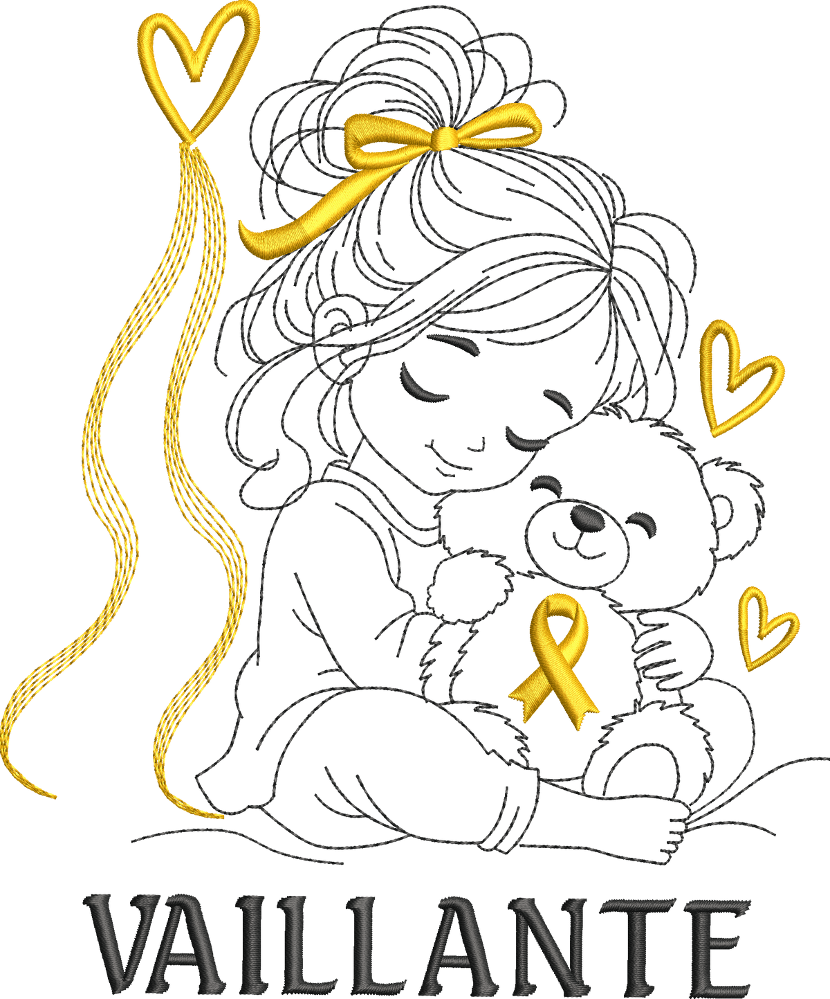 La Petite Vaillante, petite fille serrant un ourson avec ruban doré, cœurs et message VAILLANTE – motif broderie Septembre en Or