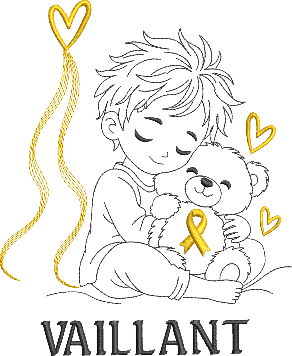 Le Petit Vaillant, petit garçon serrant un ourson avec ruban doré, cœurs et message VAILLANT – motif broderie Septembre en Or