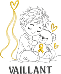 Le Petit Vaillant, petit garçon serrant un ourson avec ruban doré, cœurs et message VAILLANT – motif broderie Septembre en Or