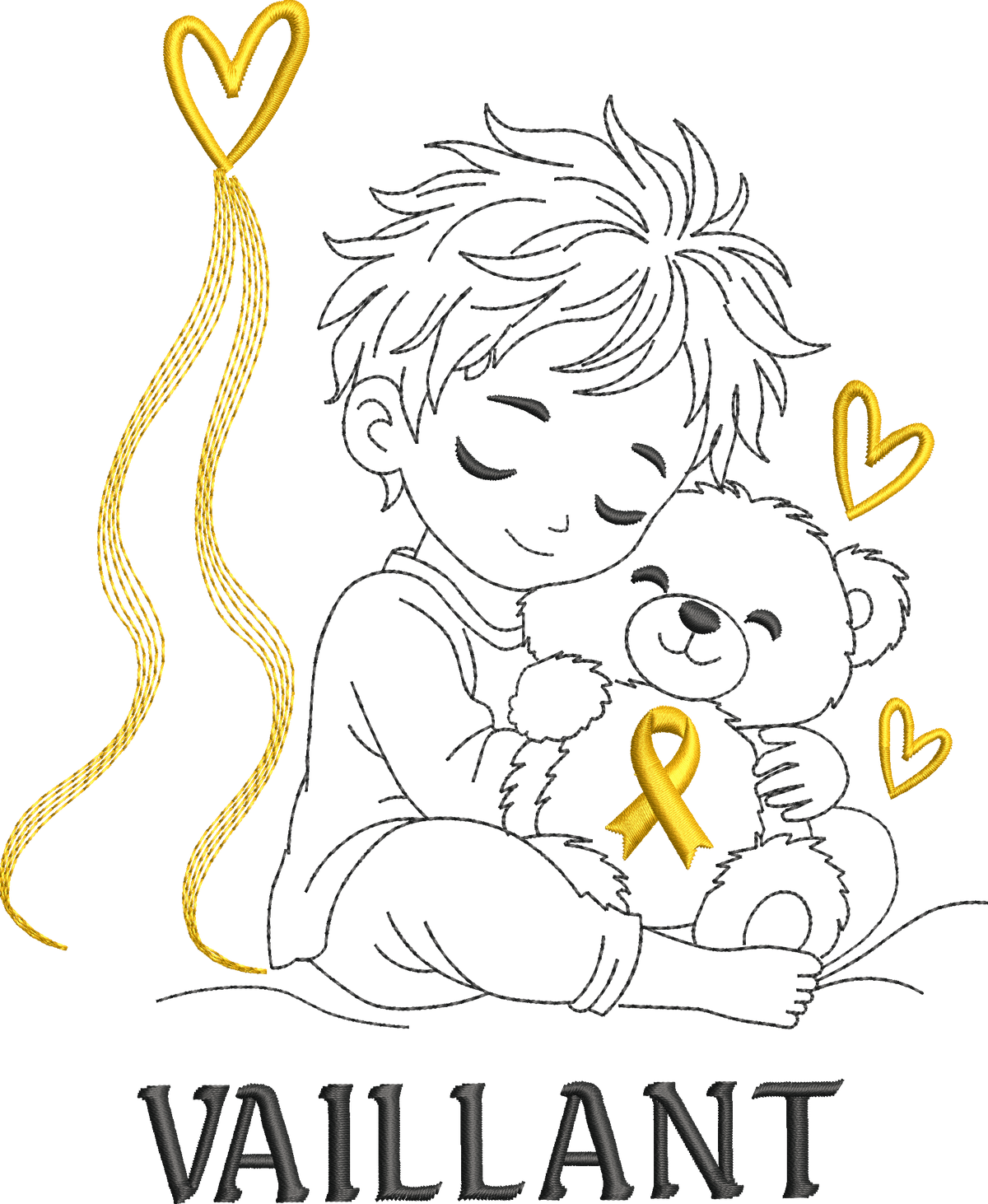 Le Petit Vaillant, petit garçon serrant un ourson avec ruban doré, cœurs et message VAILLANT – motif broderie Septembre en Or