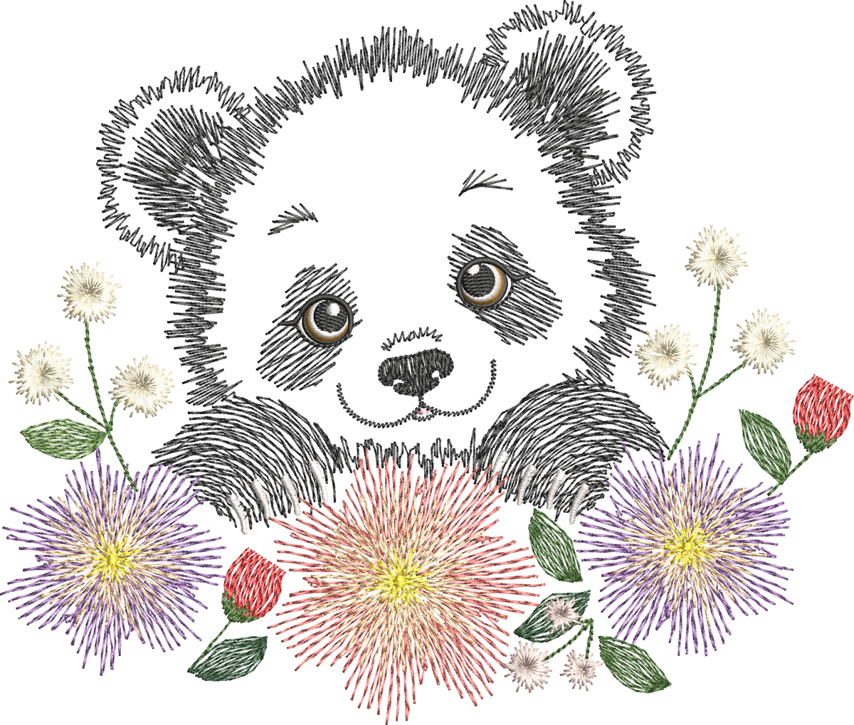 Panda Fleuri – motif de broderie machine texturé entouré de fleurs et feuillages – 4 tailles