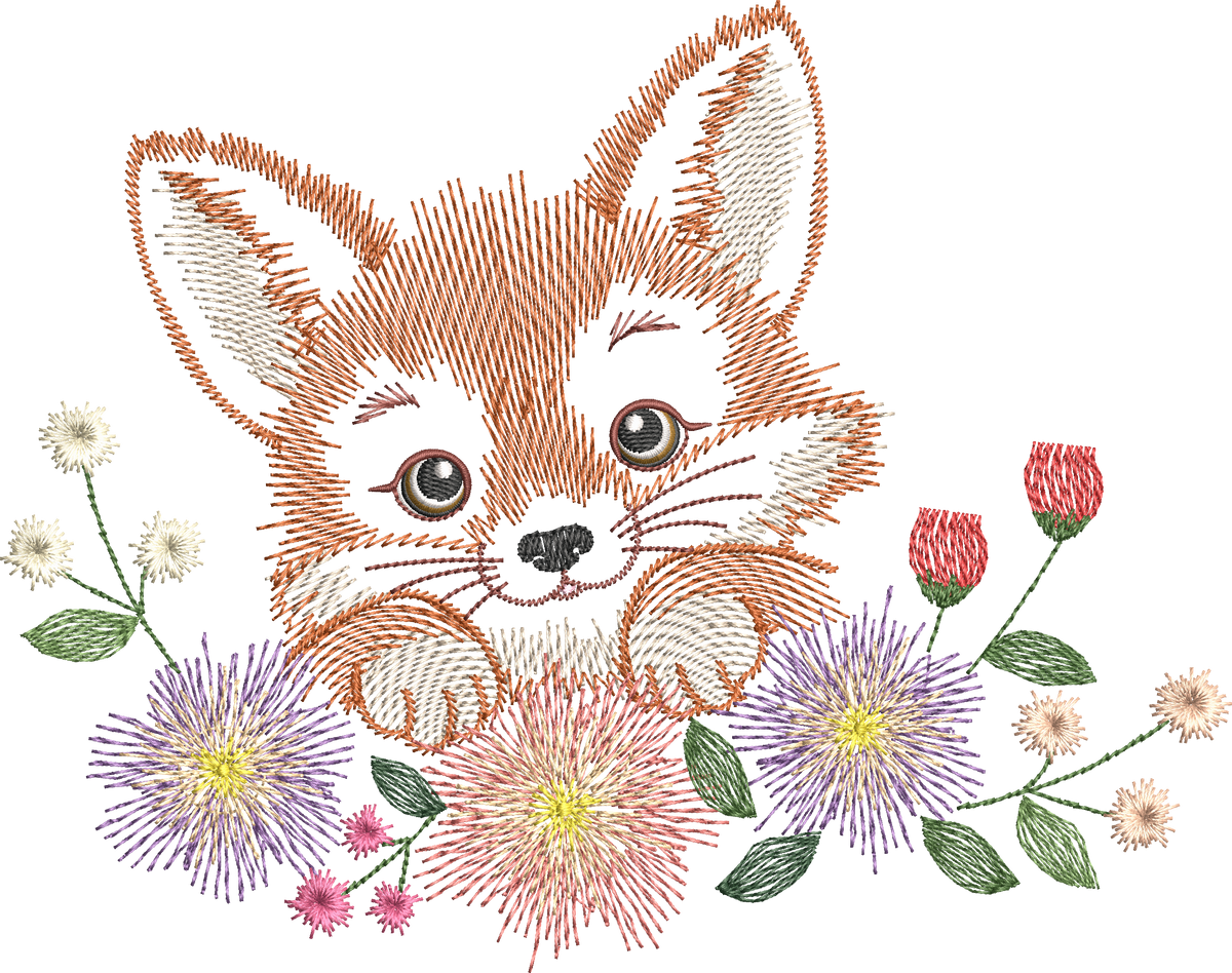 Renard Fleuri – motif de broderie machine texturé entouré de fleurs et feuillages – 4 tailles