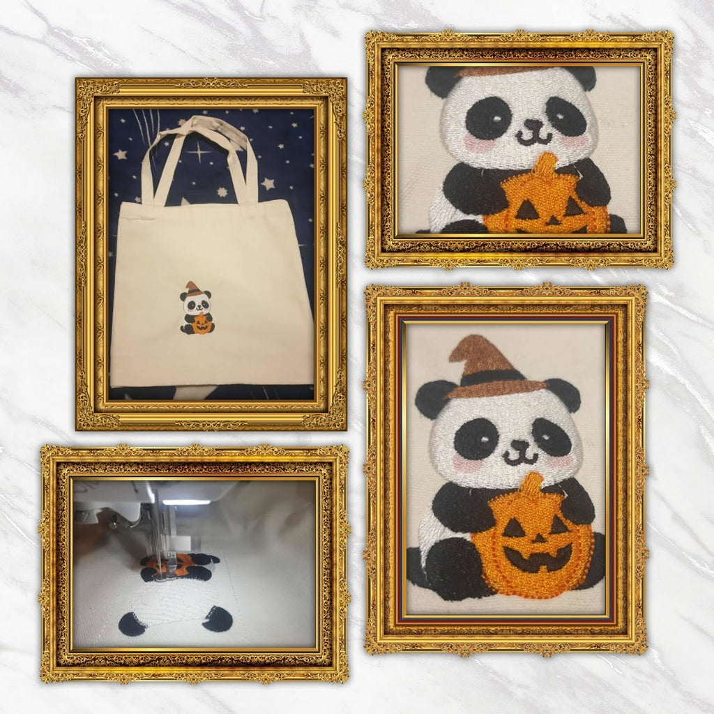 Motif de broderie machine Panda Halloween avec chapeau de sorcier et citrouille kawaii au format 10x10