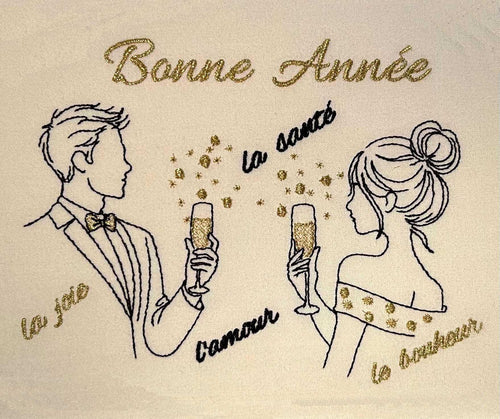 Femme élégante tenant une coupe de champagne avec Bonne Année, la joie, la santé, l’amour et le bonheur – motif broderie machine 10x10