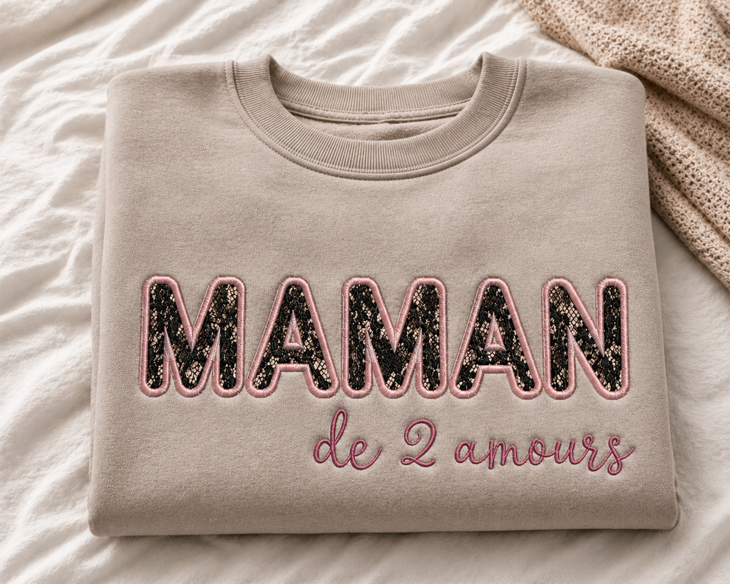 Appliqué « Maman de 2 Amours » – Douceur & Lien Unique - Motif de broderie - Format 26x16