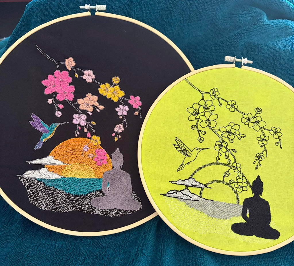 Paysage Zen Bouddha & Sakura Couleurs ou NB - Fichier broderie disponible 10x10, 15x15, 18x13, 20x20 ou 26x16, pack 4 tailles