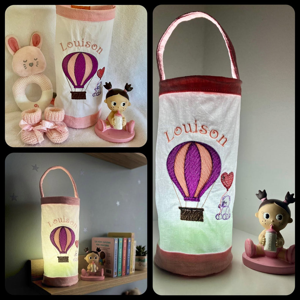 Montgolfière & Nounours au Ballon Cœur | Motif Broderie Naissance et Baptême
