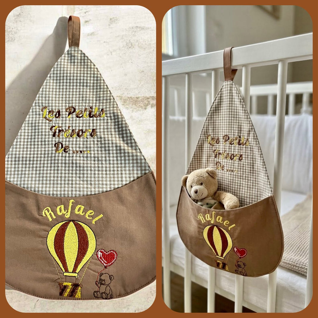 Montgolfière & Nounours au Ballon Cœur | Motif Broderie Naissance et Baptême