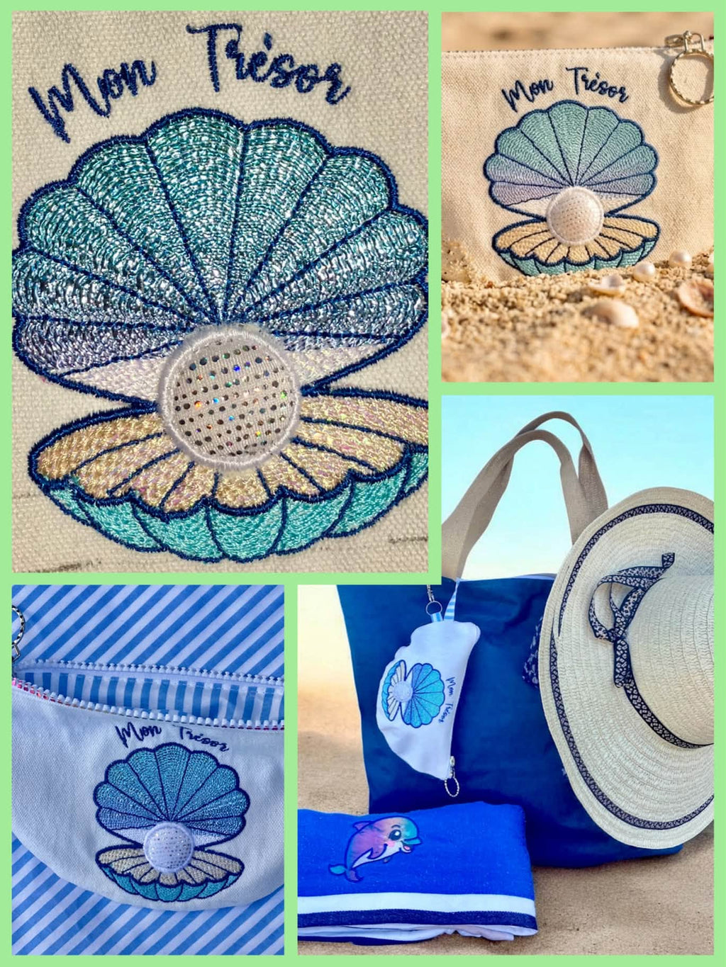Motif de broderie Mon Trésor Huître Perlière effet 3D avec point florentin, papier Mylar et perle en appliqué relief – Format 10x10 AK Broderie