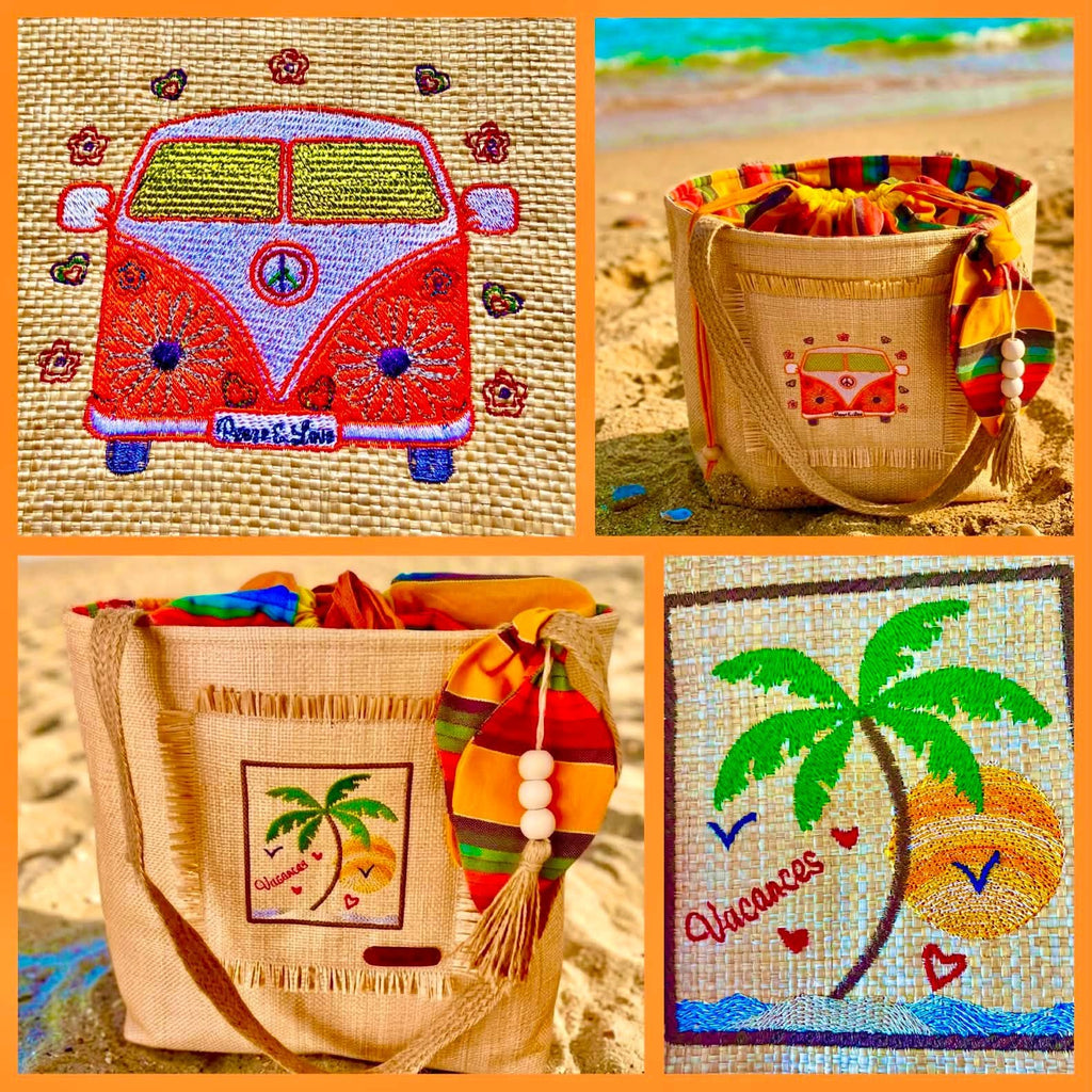 Motif de broderie machine Van Life 10x10 avec combi rétro turquoise, fleurs, cœurs et symbole Peace & Love – AK Broderie