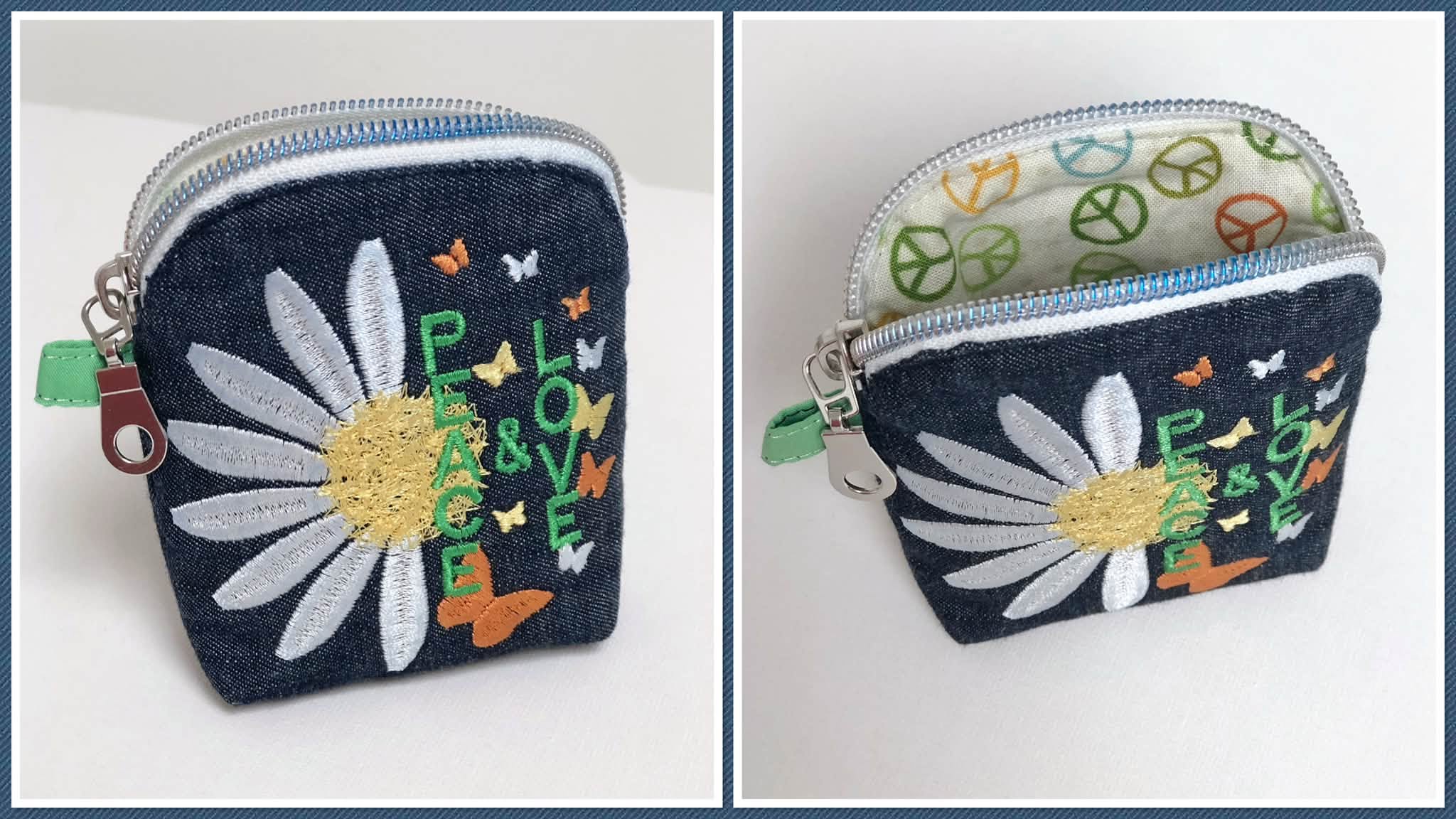 Motif de broderie machine Peace & Love avec marguerite blanche, cœur en point fourrure et papillons colorés format 10x10