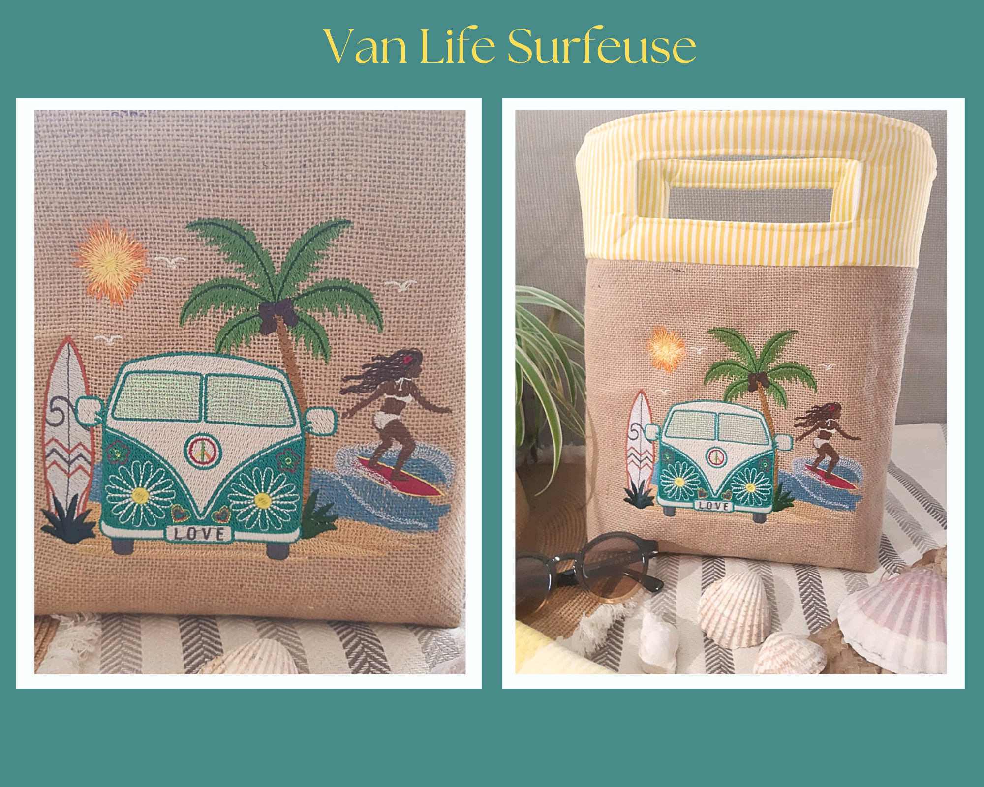 Motif de broderie Van Life avec combi rétro Peace & Love, surfeur, palmier, planche de surf, océan et soleil compatible Mylar pour cadres 20x20 et 26x16