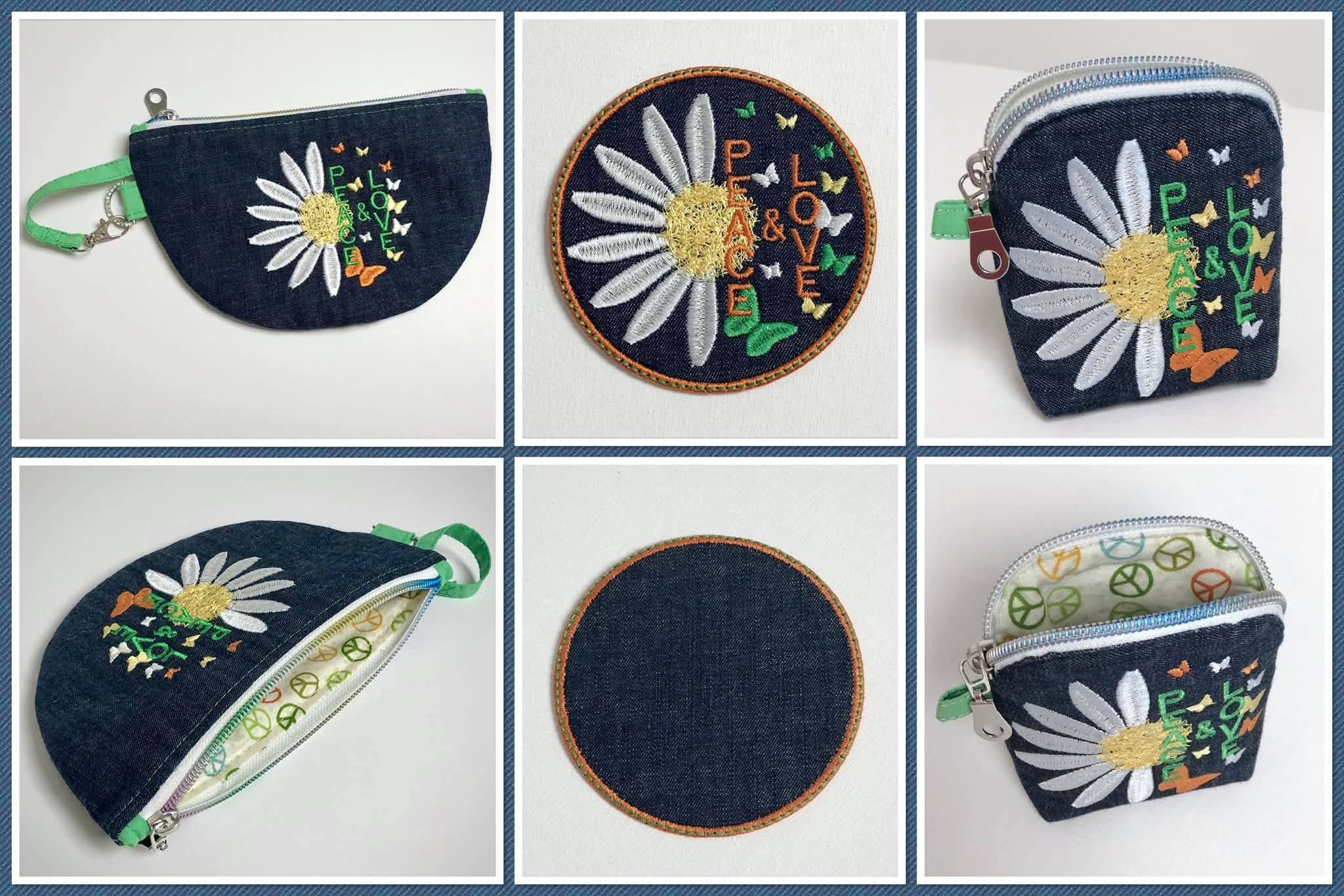 Motif de broderie machine Peace & Love avec marguerite blanche, cœur en point fourrure et papillons colorés format 10x10