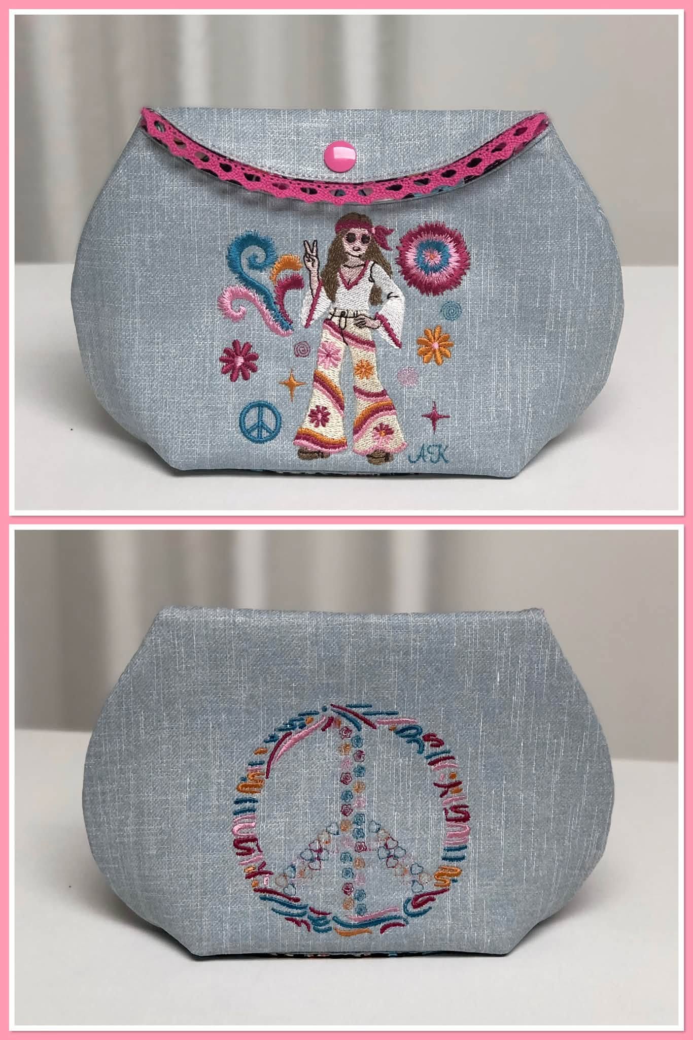 Motif de broderie Femme Hippie Peace & Love avec fleurs seventies, symbole paix et éléments en point fourrure disponible en 10x10 et 15x15