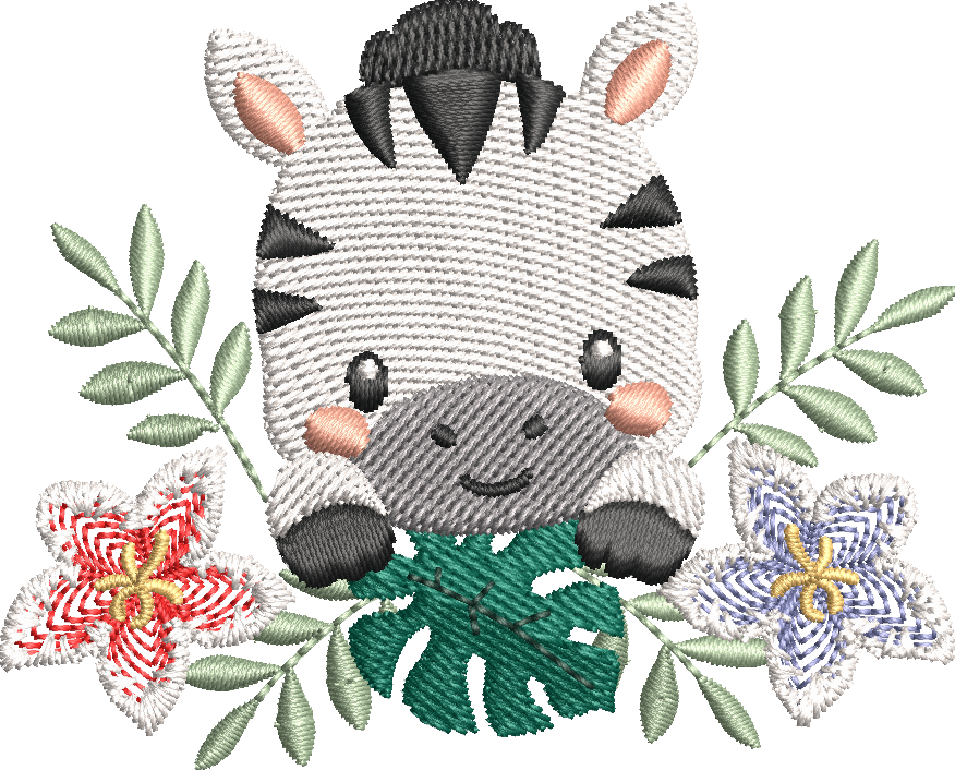 Motif de broderie machine Zèbre Fleuri entouré de fleurs tropicales et feuillages, disponible en 3 tailles