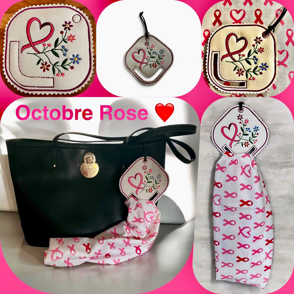 Motif de broderie ITH porte-foulard Ruban & Fleurs Octobre Rose avec ruban rose, fleurs délicates et feuillage, format 10x10