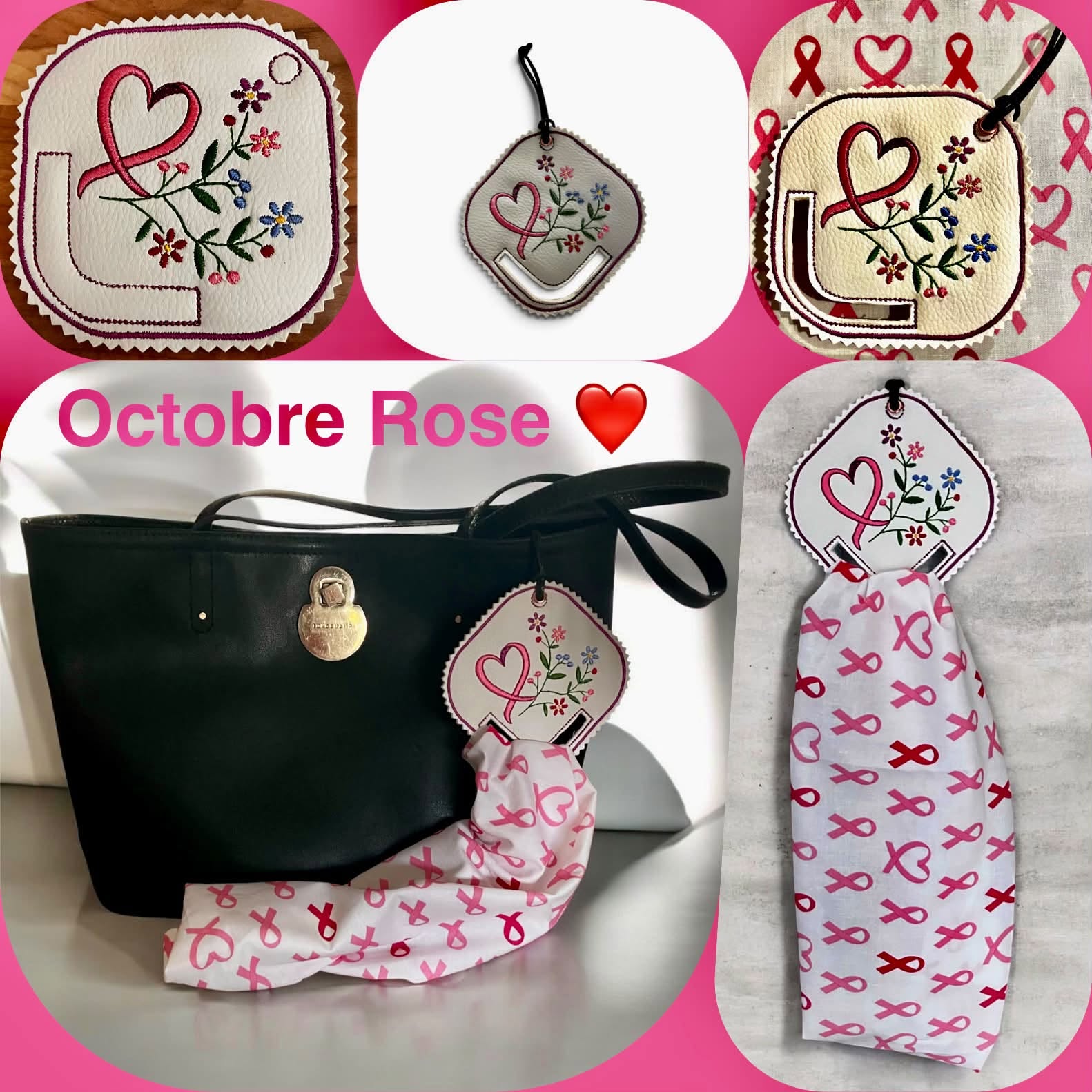 Motif de broderie ITH porte-foulard Ruban & Fleurs Octobre Rose avec ruban rose, fleurs délicates et feuillage, format 10x10
