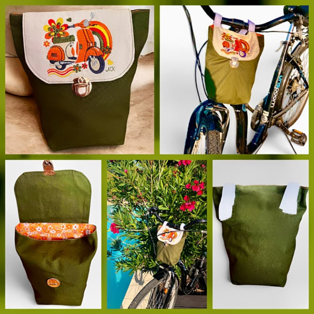 Motif de broderie Scooter Dolce Vita vert avec arc-en-ciel, fleurs colorées et détails rétro inspirés des années 70 en format 10x10