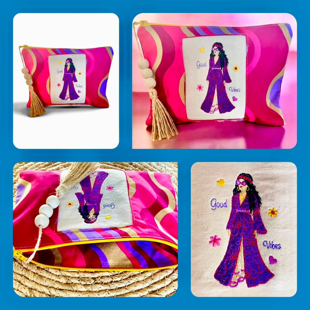 Motif de broderie Femme Hippie Good Vibes en robe longue fleurie avec lunettes rétro, bandeau, fleurs et cœurs au format 10x10