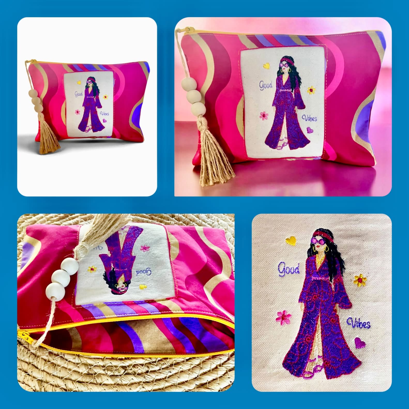 Motif de broderie Femme Hippie Good Vibes en robe longue fleurie avec lunettes rétro, bandeau, fleurs et cœurs au format 10x10
