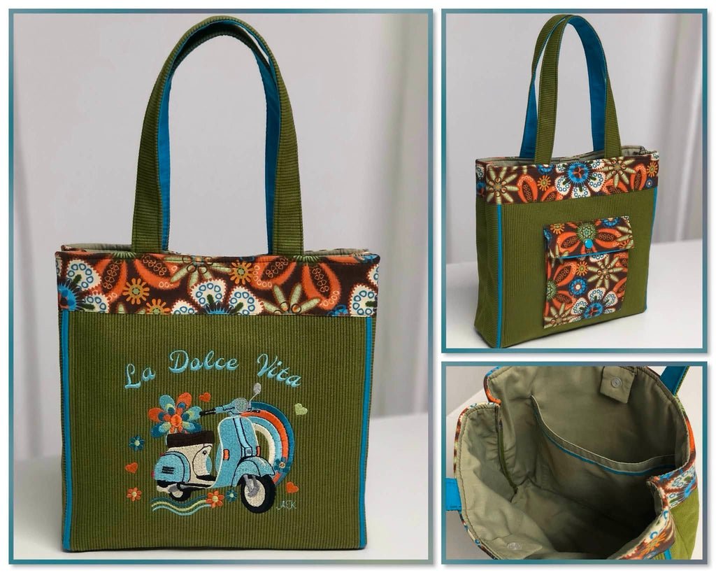 Motif de broderie Scooter Dolce Vita 15x15 avec scooter rétro vert, arc-en-ciel, fleurs colorées, cœurs et lettrage La Dolce Vita