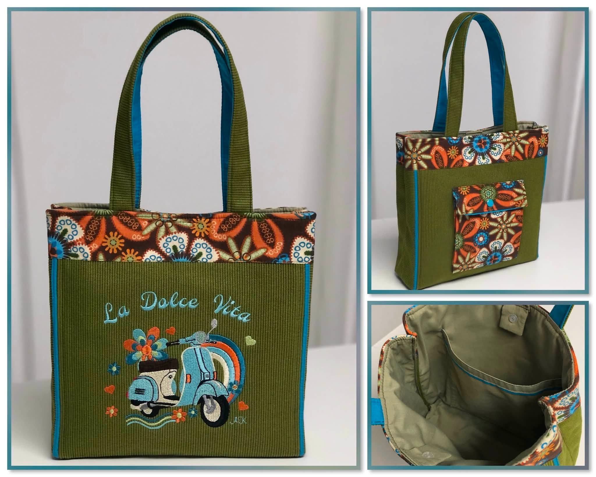 Motif de broderie Scooter Dolce Vita 15x15 avec scooter rétro vert, arc-en-ciel, fleurs colorées, cœurs et lettrage La Dolce Vita
