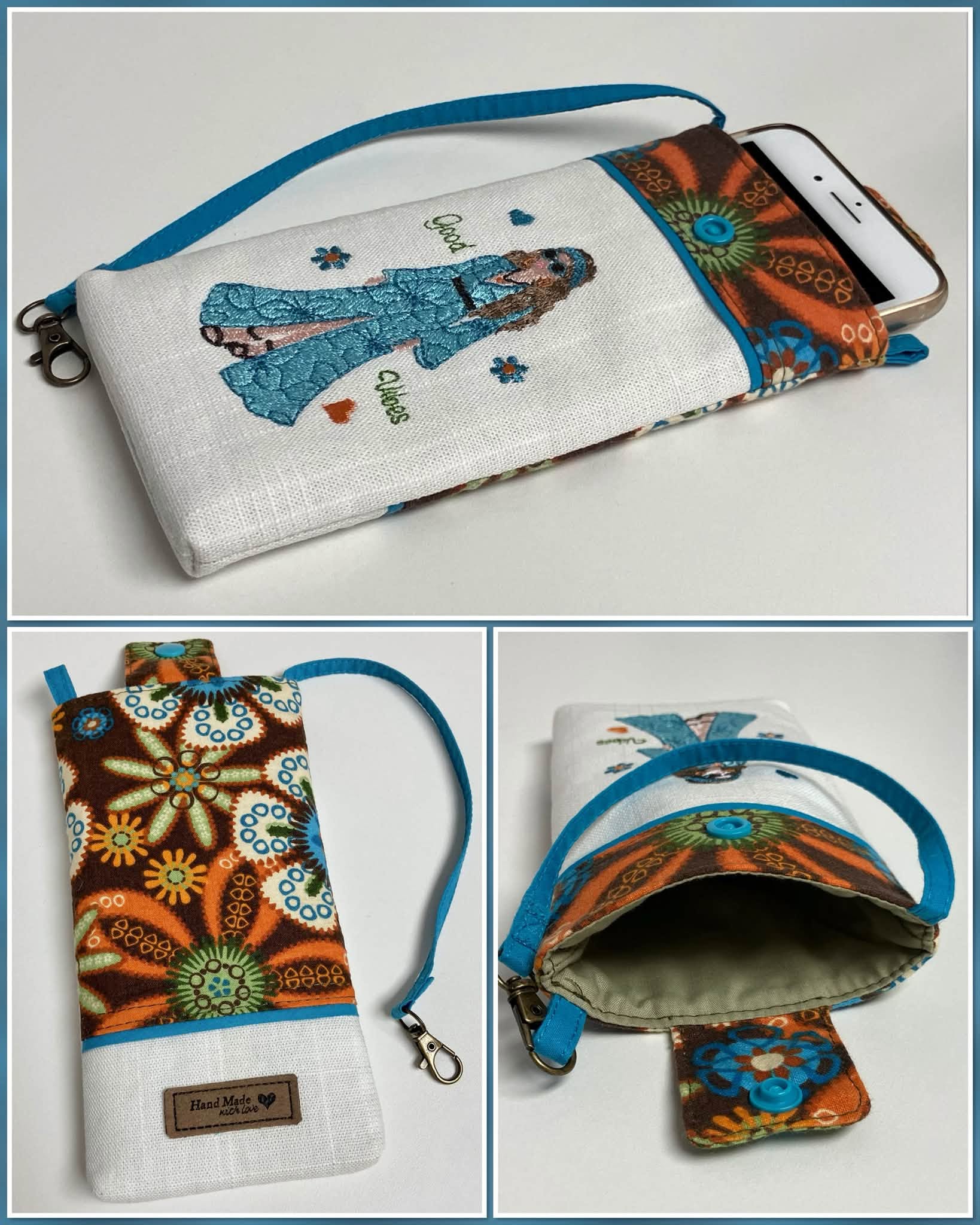 Motif de broderie Femme Hippie Good Vibes en robe longue fleurie avec lunettes rétro, bandeau, fleurs et cœurs au format 10x10