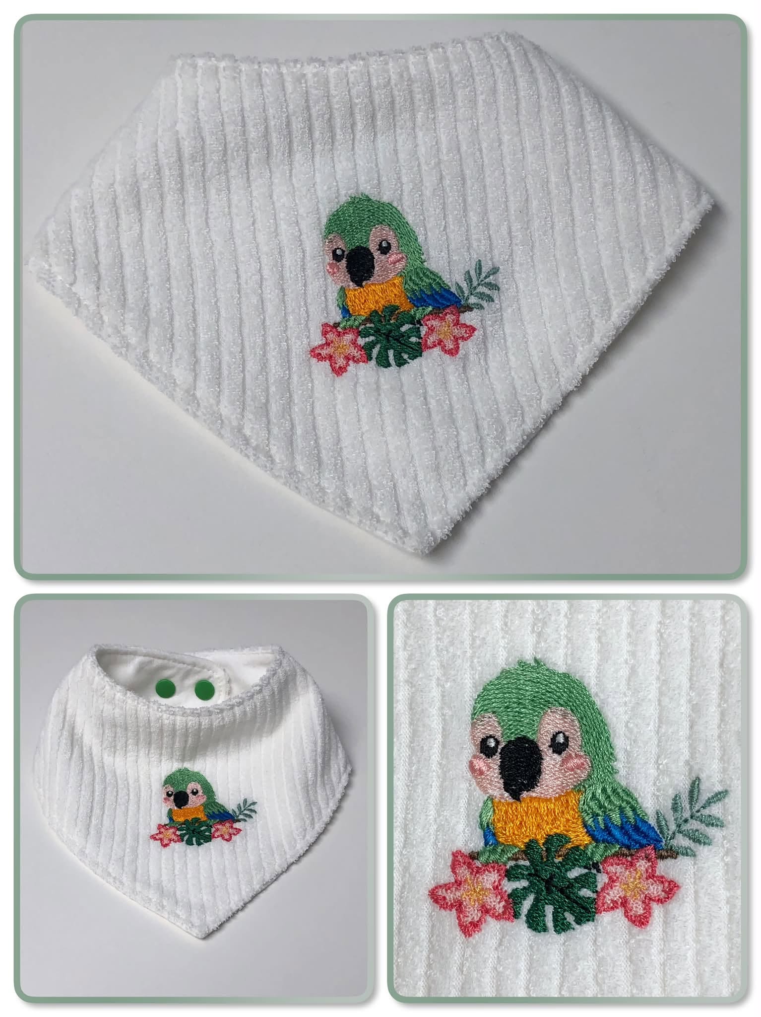 Motif de broderie machine Perroquet Fleuri Tropical entouré de fleurs et feuillages disponible en 3 tailles