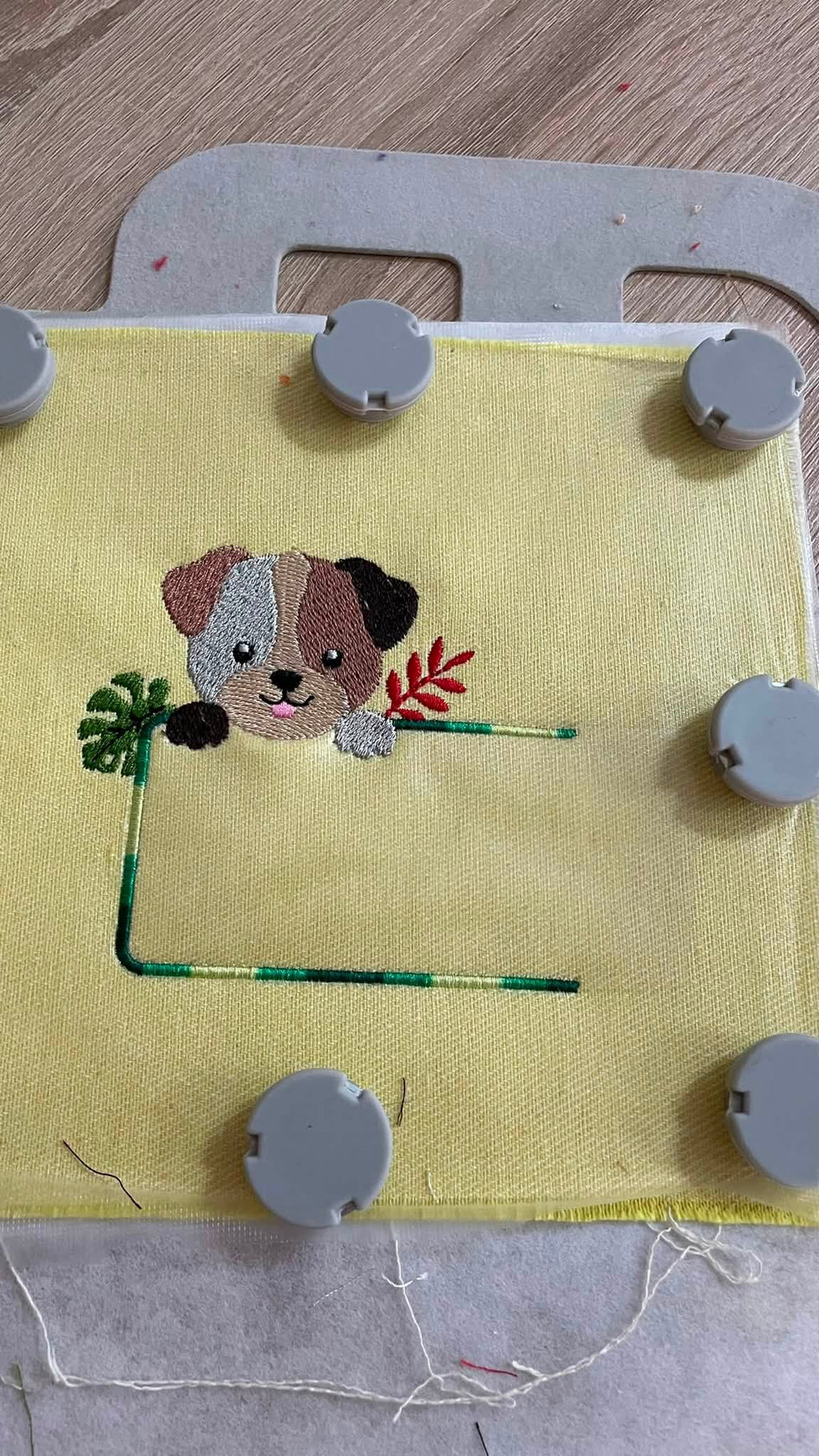 Étiquette Appliqué Cristal Chien – motif de broderie machine 10x10 avec chien, feuillage et fenêtre transparente en Cristal
