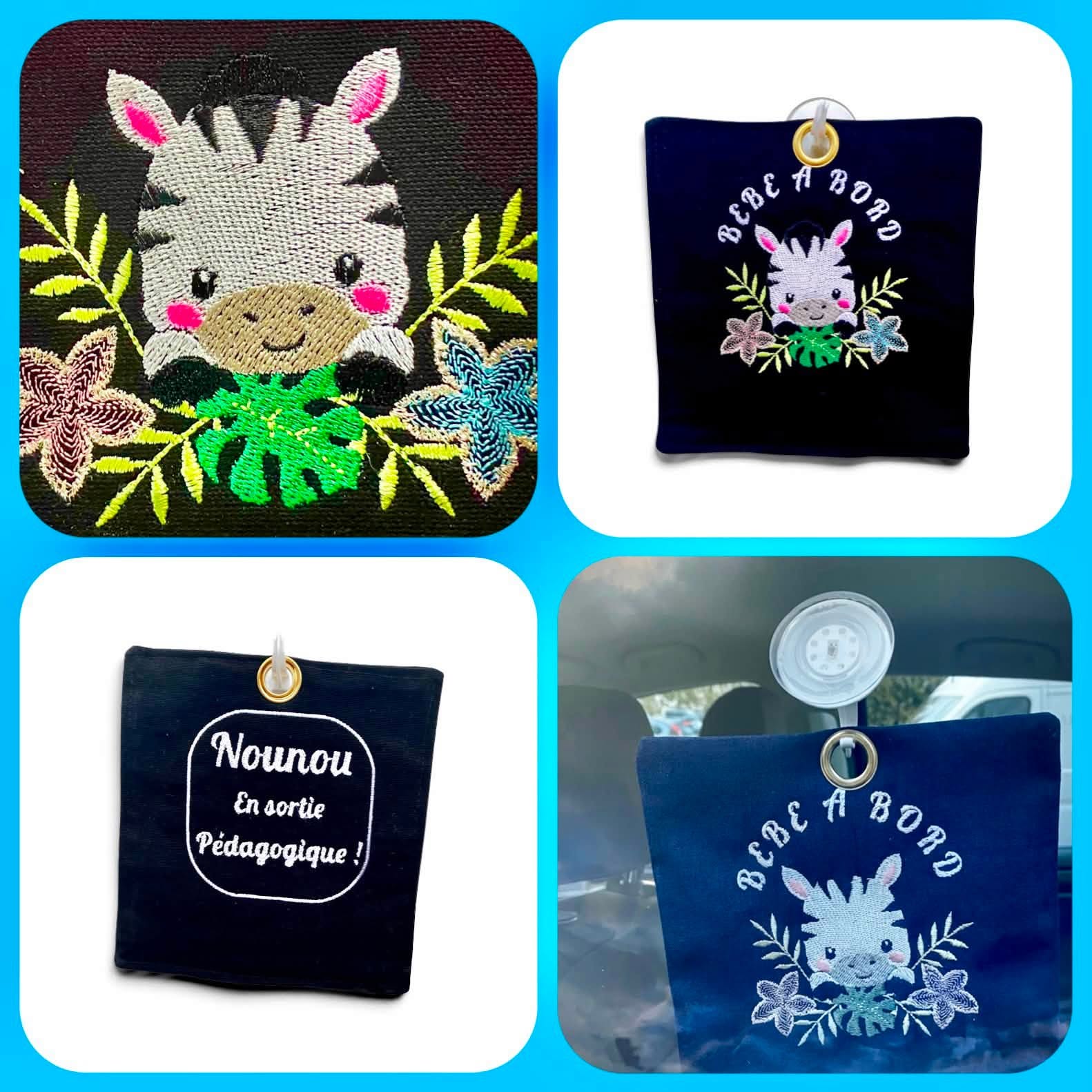 Motif de broderie machine Zèbre Fleuri entouré de fleurs tropicales et feuillages, disponible en 3 tailles