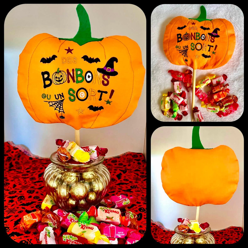 Motif broderie Halloween Des Bonbons ou un Sort ! avec citrouille, sorcière, chauves-souris et araignée. Disponible en formats 10x10 et 15x15.