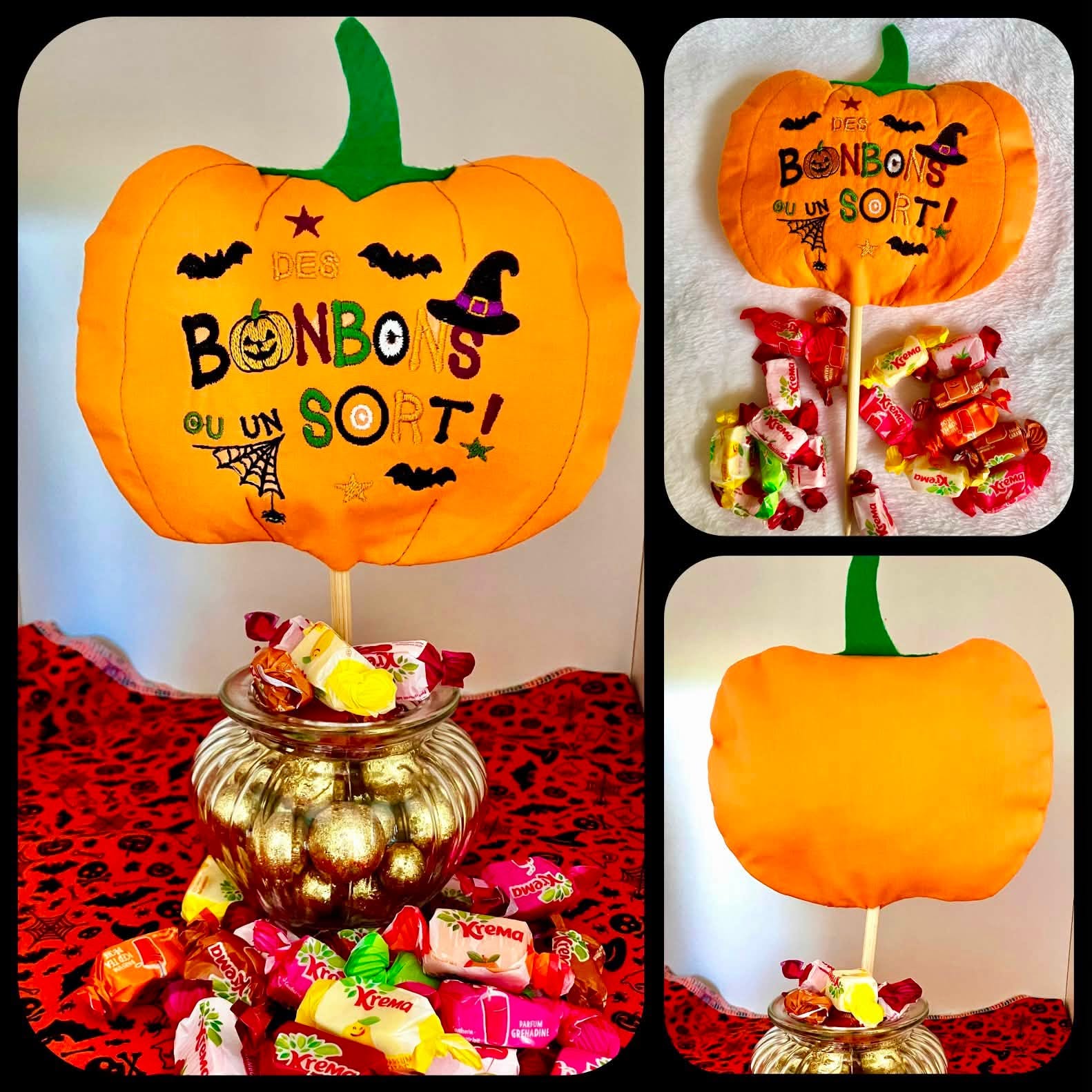 Motif broderie Halloween Des Bonbons ou un Sort ! avec citrouille, sorcière, chauves-souris et araignée. Disponible en formats 10x10 et 15x15.
