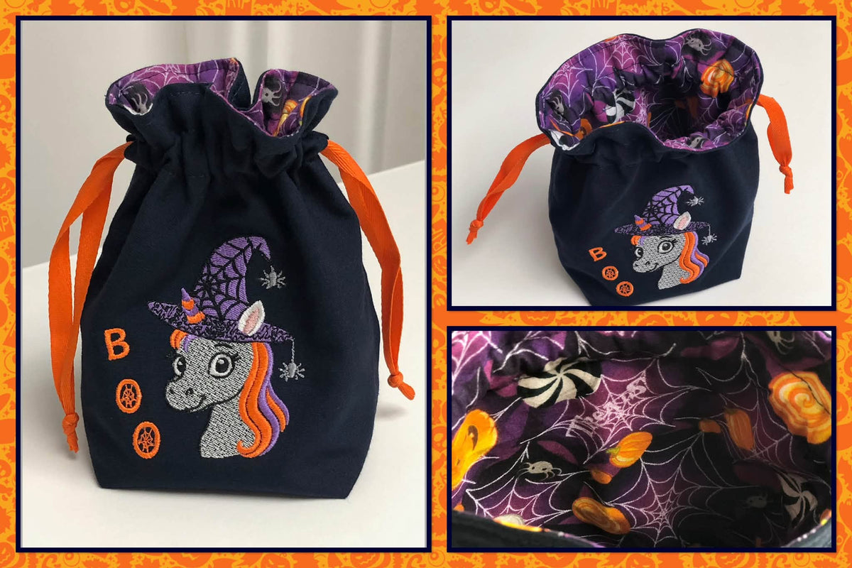Licorne Halloween avec chapeau de sorcière, toile et araignées – motif de broderie machine 10x10