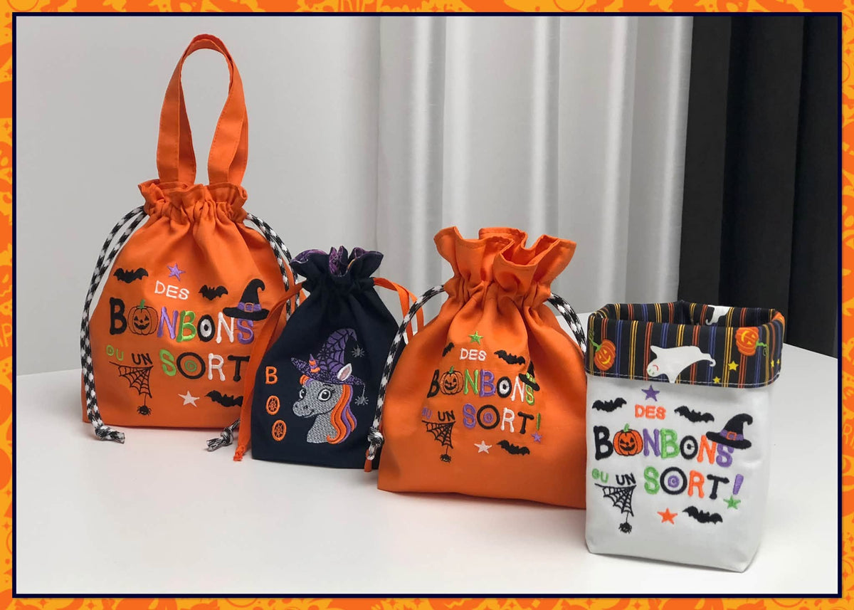 Motif broderie Halloween Des Bonbons ou un Sort ! avec citrouille, sorcière, chauves-souris et araignée. Disponible en formats 10x10 et 15x15.