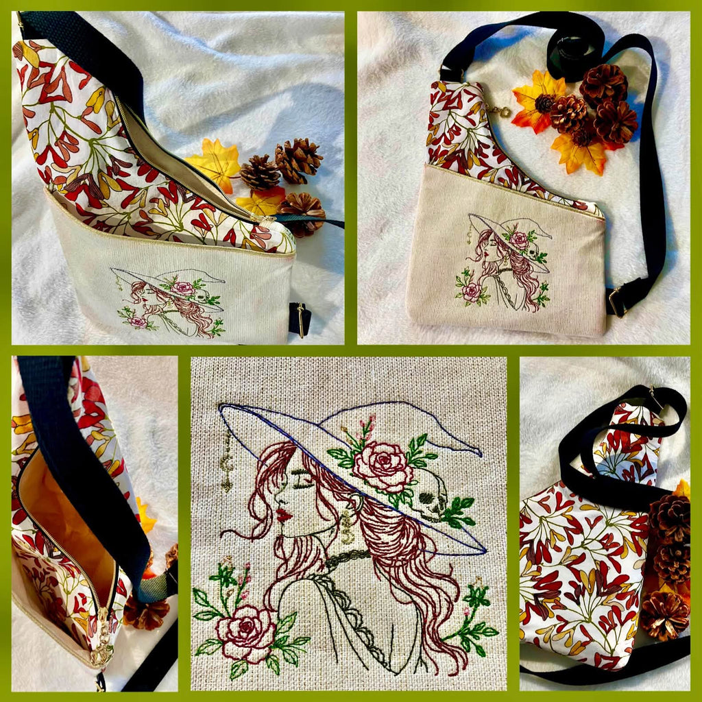 La Belle Ensorceleuse sorcière fleurie avec chapeau, rose, crâne et lune – motif de broderie machine