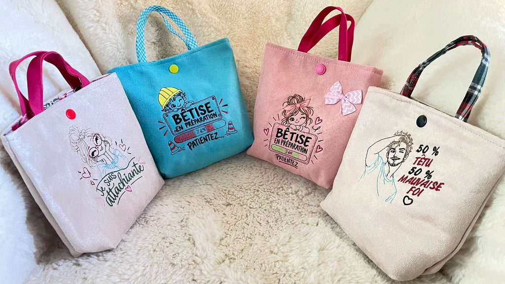 Je suis Attachiante – femme avec chignon, grandes lunettes rouges et petits cœurs – motif de broderie machine humour