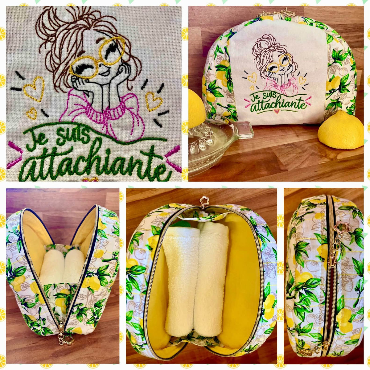 Je suis Attachiante – femme avec chignon, grandes lunettes rouges et petits cœurs – motif de broderie machine humour