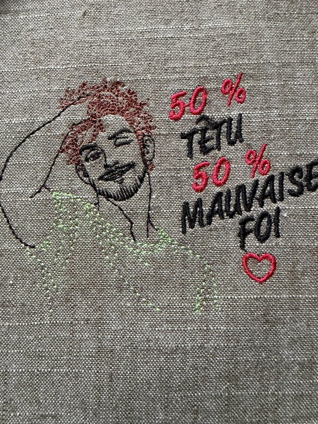 50 % Têtu 50 % Mauvaise Foi – homme souriant et malicieux – motif de broderie machine humour disponible en 10x10 et 15x15