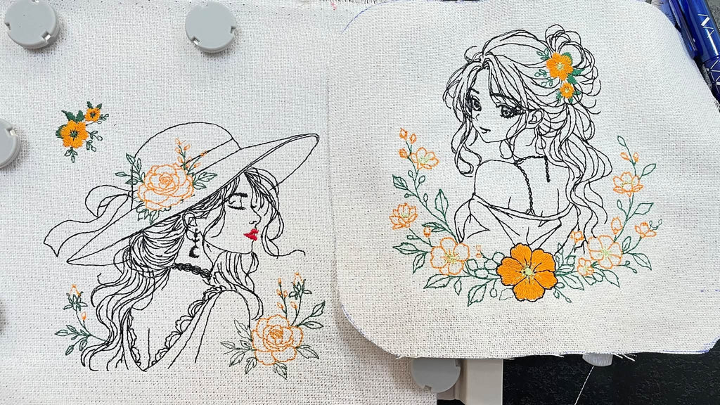La Belle Romantique – femme bohème au grand chapeau ornée de roses et de fleurs – motif de broderie machine
