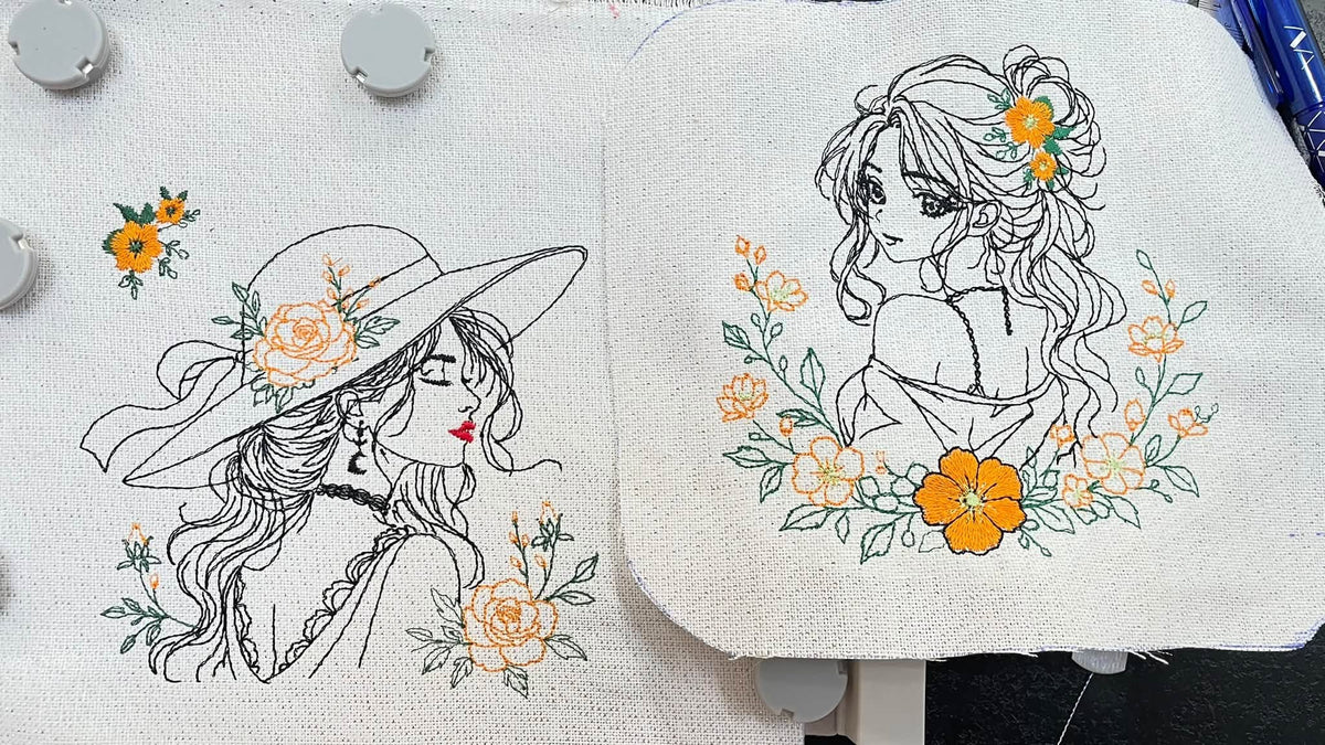 La Belle Romantique – femme bohème au grand chapeau ornée de roses et de fleurs – motif de broderie machine