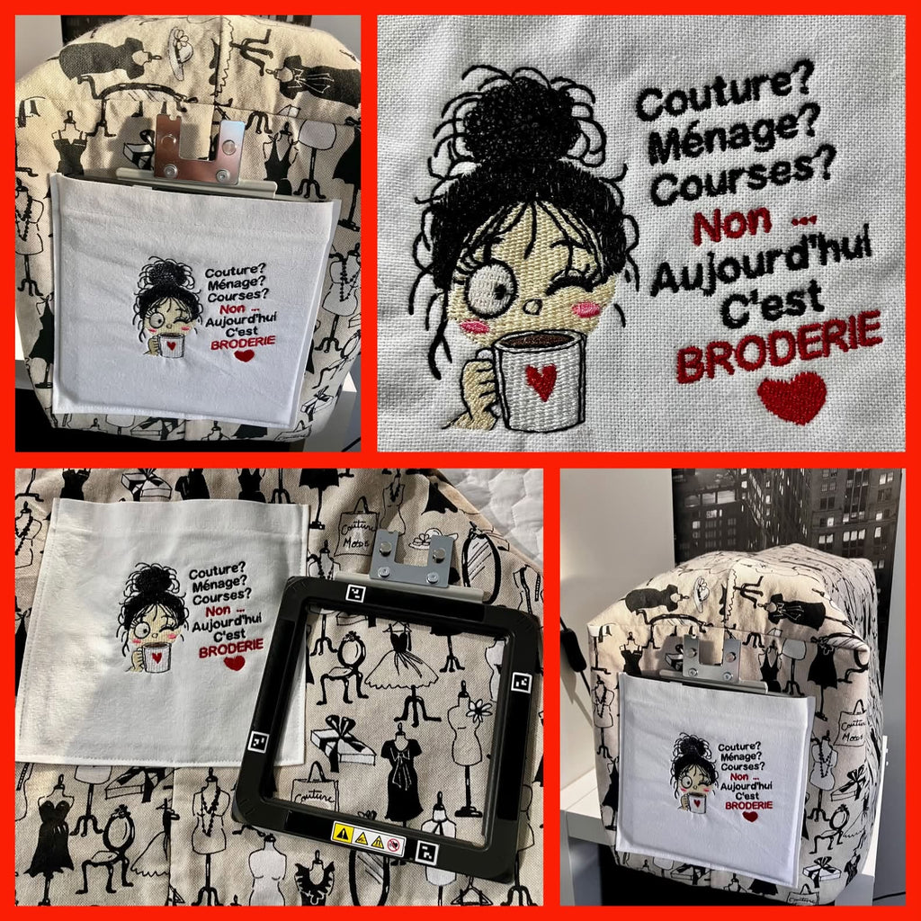 Aujourd’hui c’est Broderie – brodeuse avec tasse et phrase humoristique – motif de broderie machine format 10x10