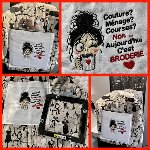Aujourd’hui c’est Broderie – brodeuse avec tasse et phrase humoristique – motif de broderie machine format 10x10