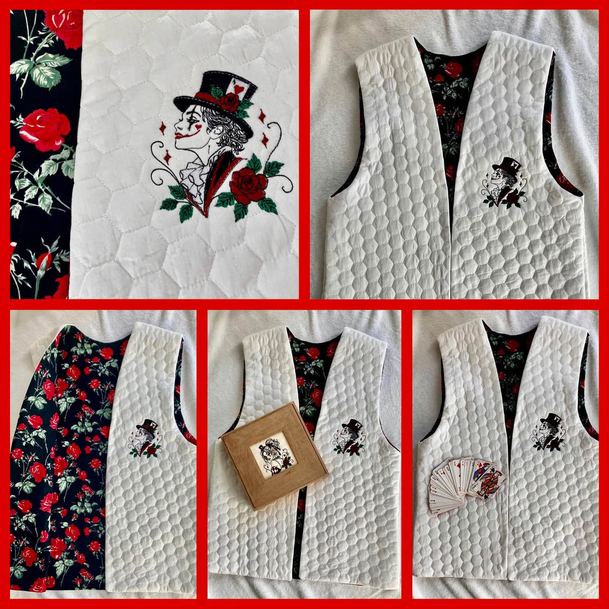 L’ArleKing homme arlequin dark avec haut-de-forme, carte à jouer et roses rouges – motif de broderie machine Halloween