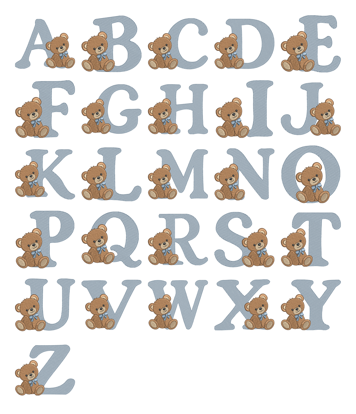 Alphabet complet de 26 monogrammes, lettres majuscules accompagnées d'un adorable ourson – motifs de broderie machine 10x10 pour filles et garçons