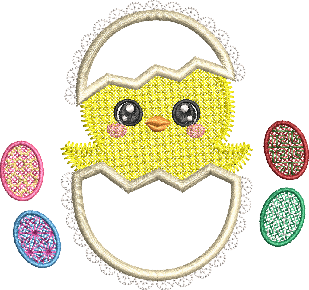 Appliqué Double Poussin Mylar et Coquille appliqué tissus - Point Dentelle - Motif de broderie - Format disponible 10x10, 15 x 15 cm ou 14x14 ou 18x13 et Pack 2 tailles