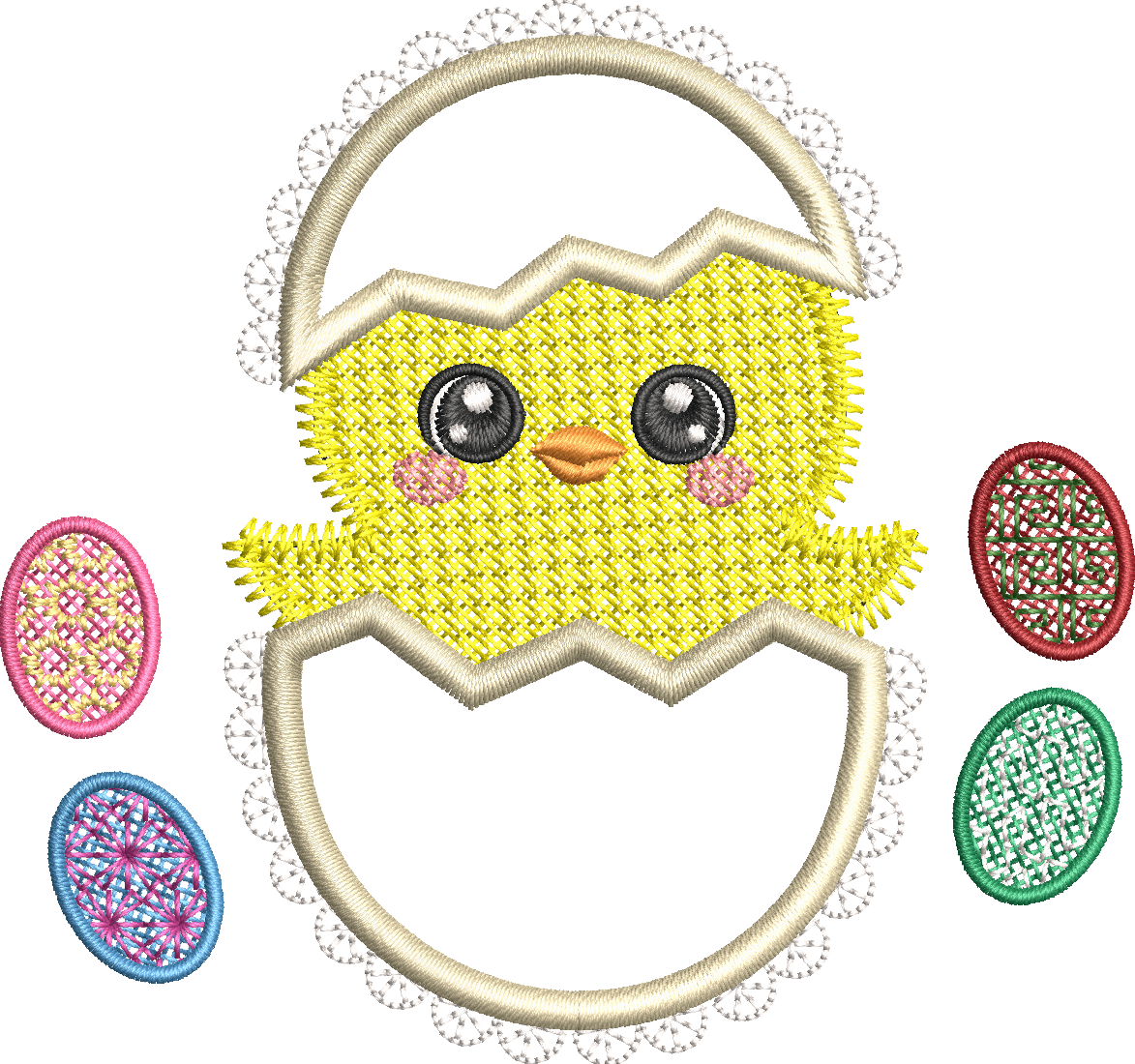 Appliqué Double Poussin Mylar et Coquille appliqué tissus - Point Dentelle - Motif de broderie - Format disponible 10x10, 15 x 15 cm ou 14x14 ou 18x13 et Pack 2 tailles