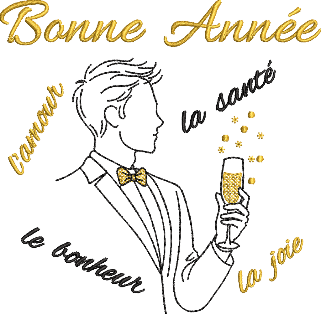Homme élégant en costume tenant une coupe de champagne avec Bonne Année, la joie, la santé, l’amour et le bonheur – motif broderie machine 10x10